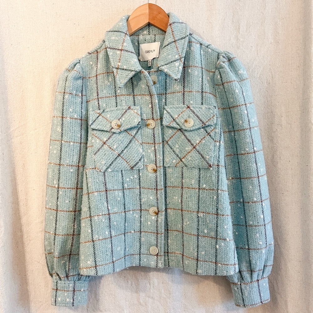 Greylin Sammy Puff Sleeve Shacket Powder‎ Blue Check Print Size XS Wool Blend